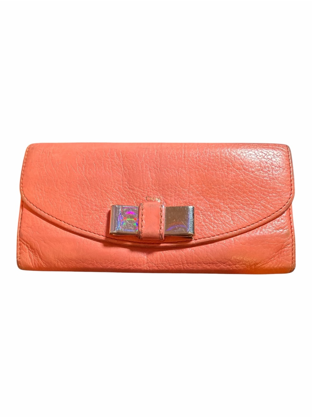Chloé Lily Coral Pink Pebbled Leather Bow Flap Continental Wallet
